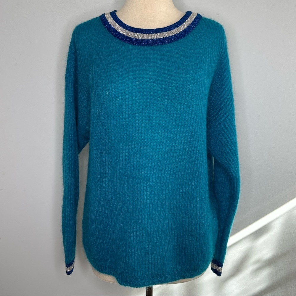 Laurel Women’s Blue Lightweight Mohair Knit Contrast Metallic Trim Sweater 4